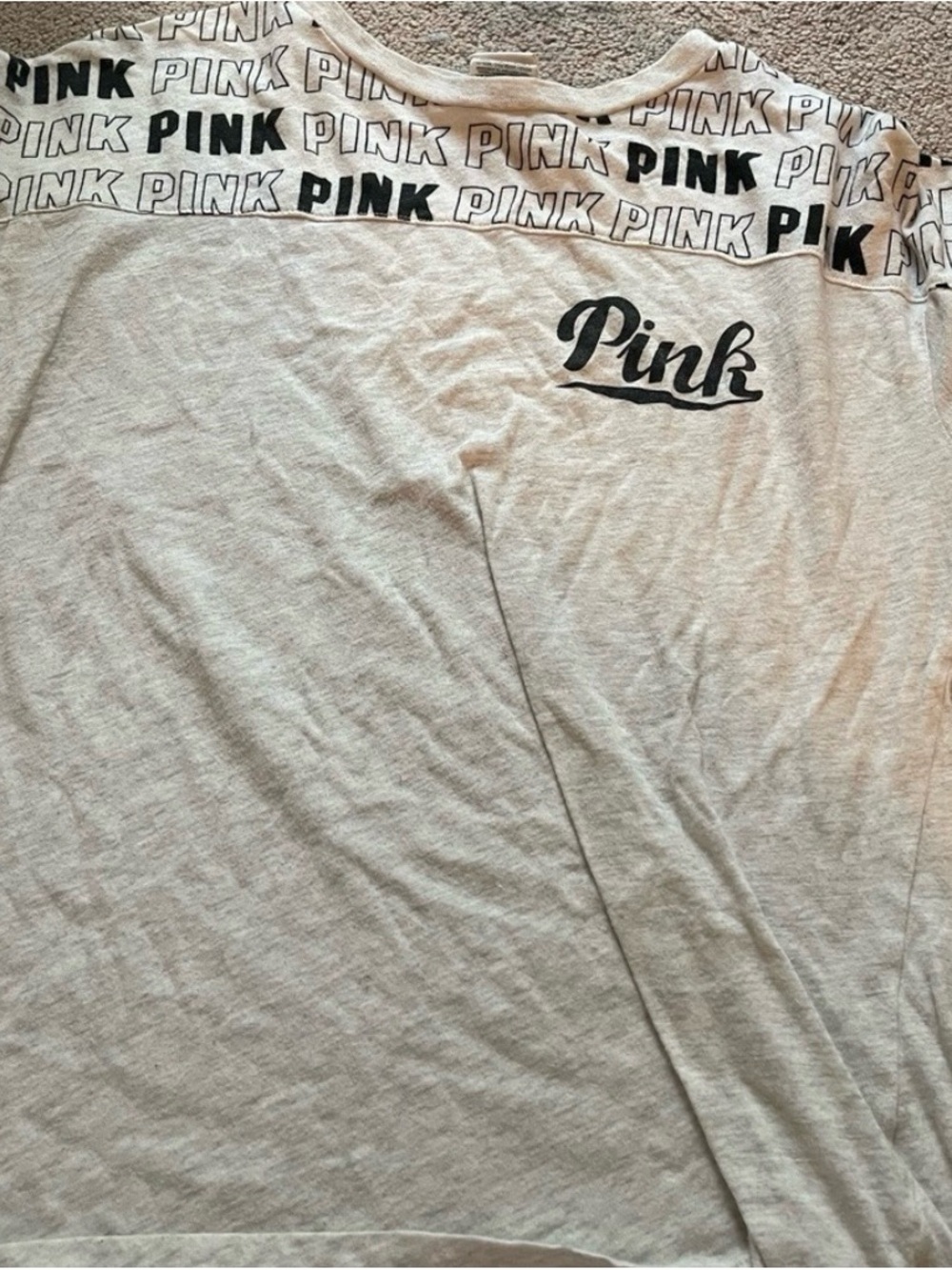 PINK Victoria's Secret Heather Gray Tee with Black Logo and Repeat-Print Yoke - Picture 2 of 4